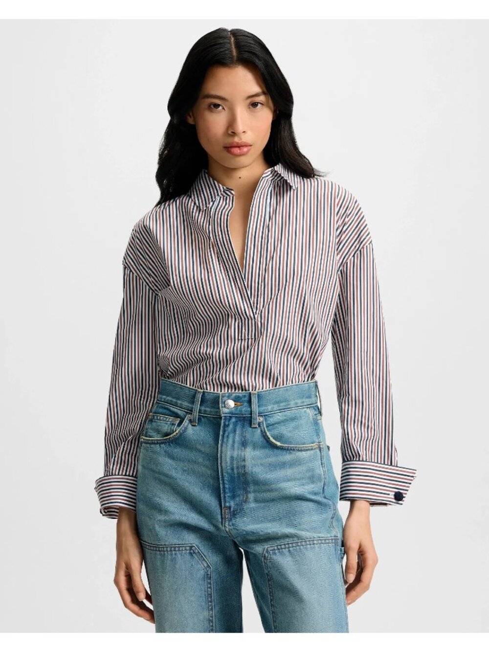 Veronica Beard Draymond Striped Cuff-Sleeve Shirt V-Neck Blouse Size 10/Med